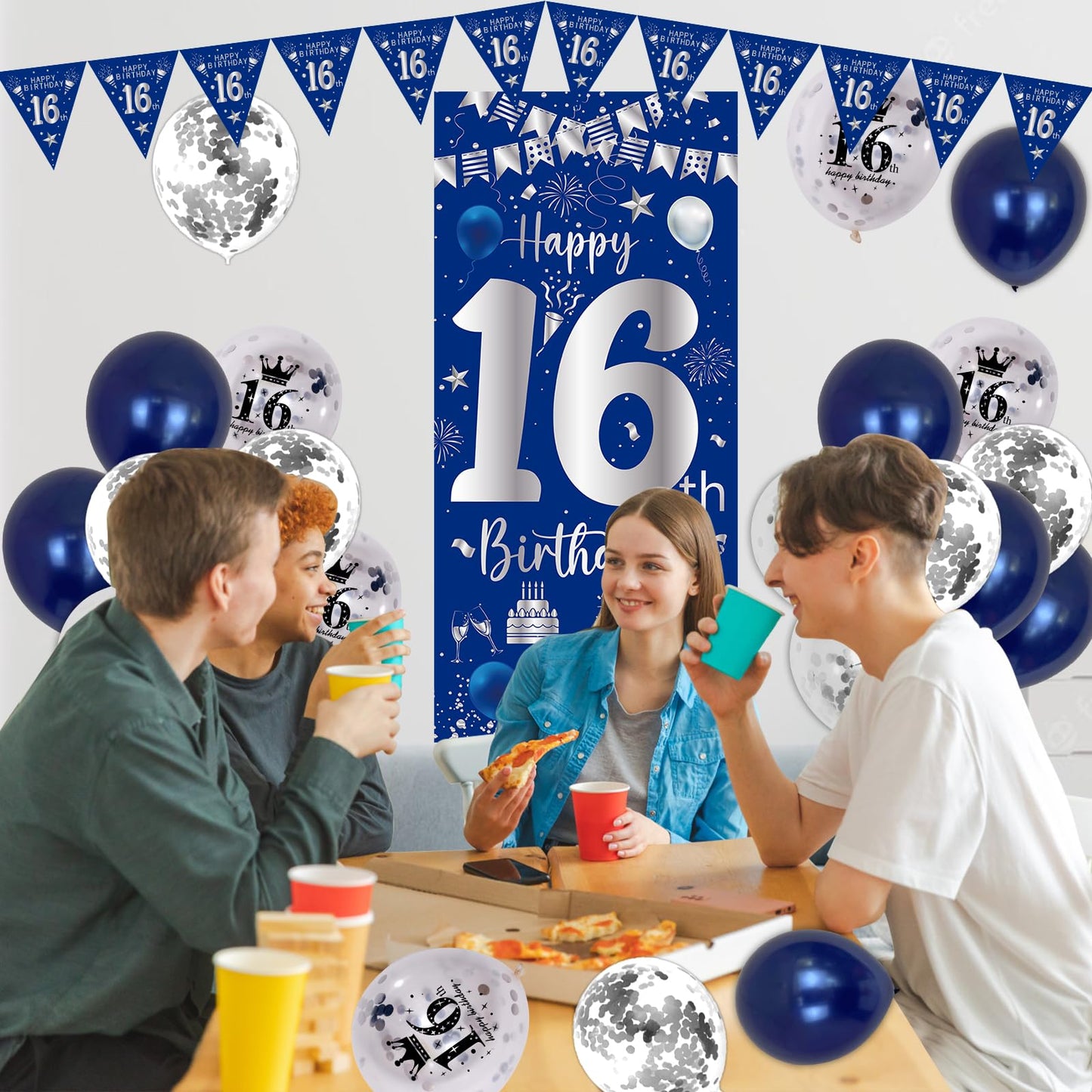 16Th Birthday Decorations For Boys Girls, Blue Silver Happy 16Th Birthday Decorations Door Banner 32'' Number 16 Foil Balloon 33