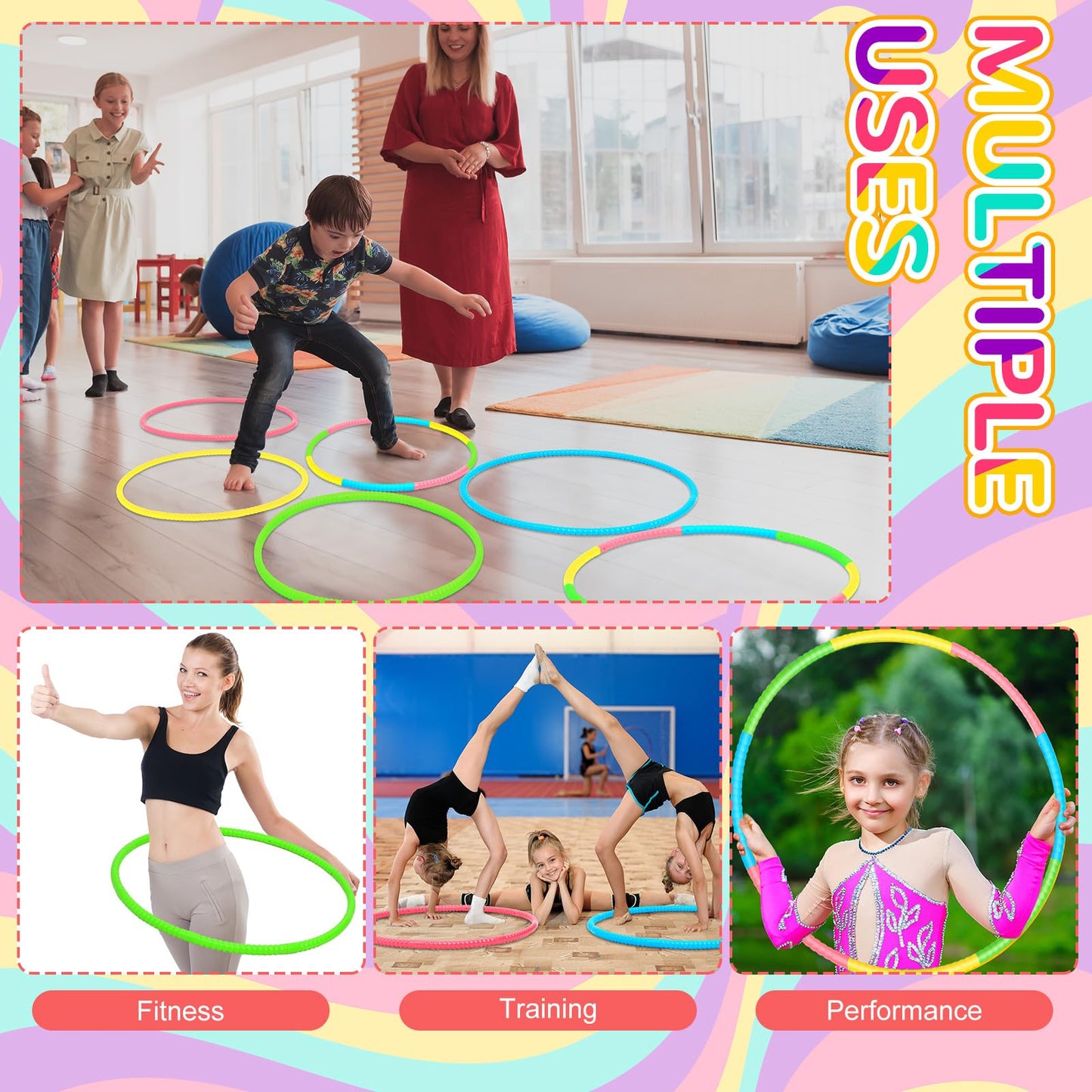 Syhood 12 Pcs Toy Color Hoop Plastic Detachable Adjustable Hoop Light Weight Exercise Hoop Fitness Hoop Equipment Toy Waist Ring for mature-themed Party Game Dance  3 Sizes(Green  Pink  Yellow  Blue)