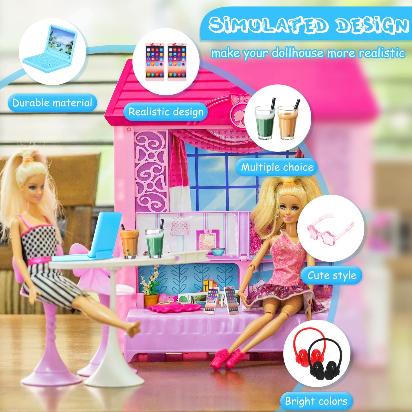 20 Pieces Dollhouse Accessories Doll Travel Accessories Mini Laptop Computer Phone Toy Miniature Glasses Headset Drink Toys Plas