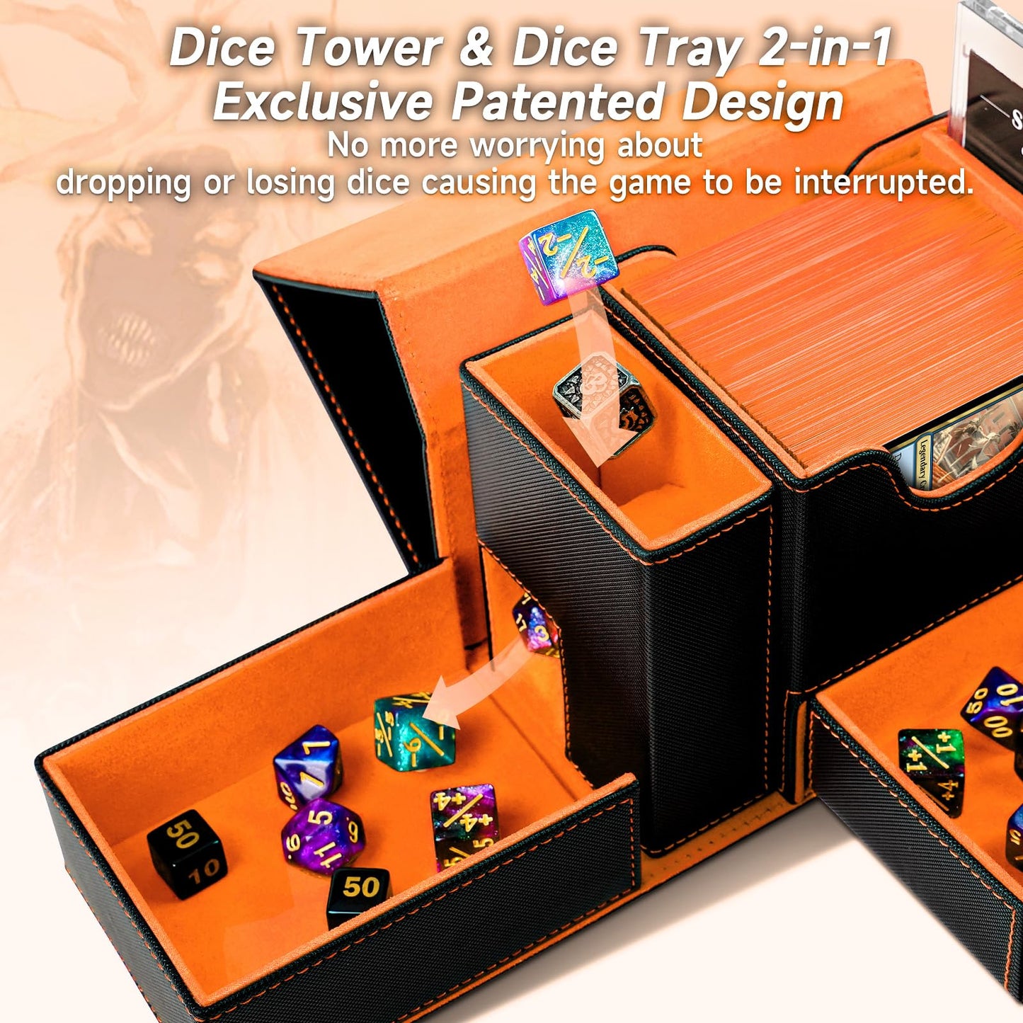 MTG Deck Box, Dice Tray&Tower 2 in 1 MTG Commander Deck Box Fits 120+ Single Sleeved Cards, Leather Magnetic Closure Box with Ma