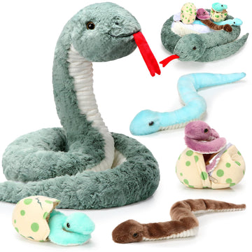 Leitee 7 Pcs Snake Plush Toy Set 63 Inch Large Mommy Snake Stuffed Animal With Cute Baby And Eggs In Zippered Belly For Kids Birthday Forest Party Favors Prank Props Bedroom Decors(Vivid Style)
