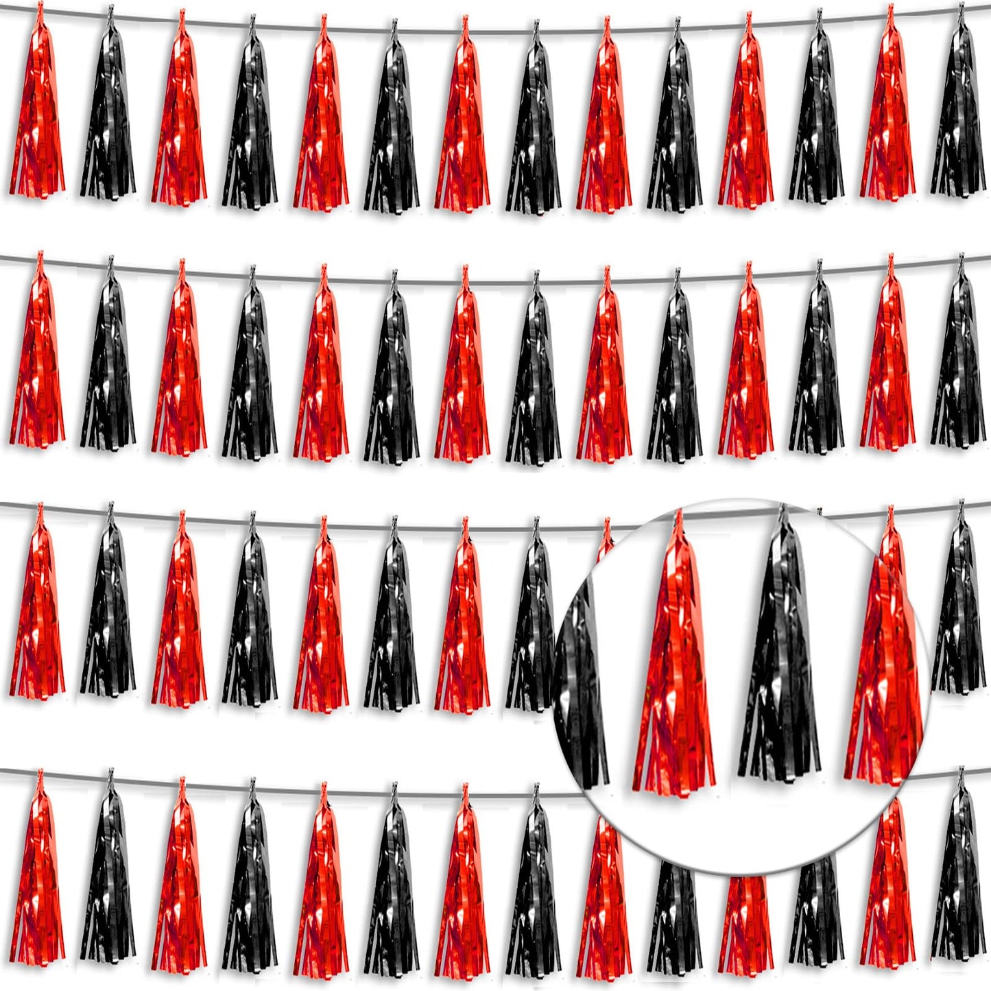 4P Black red Foil Fringe Tassel Banner Garland Metallic Tinsel Streamers Wall Hanging Curtain Backdrop Banner for Parade Floats,