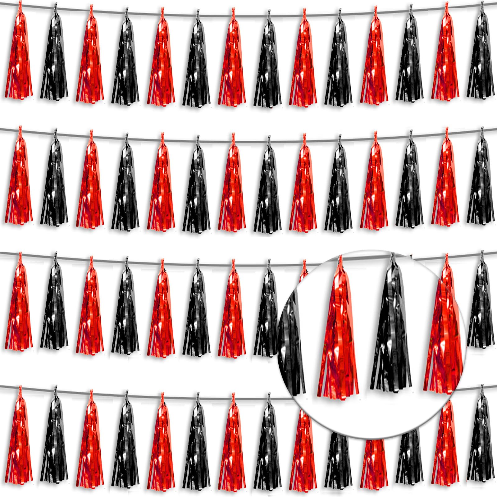 4P Black red Foil Fringe Tassel Banner Garland Metallic Tinsel Streamers Wall Hanging Curtain Backdrop Banner for Parade Floats,