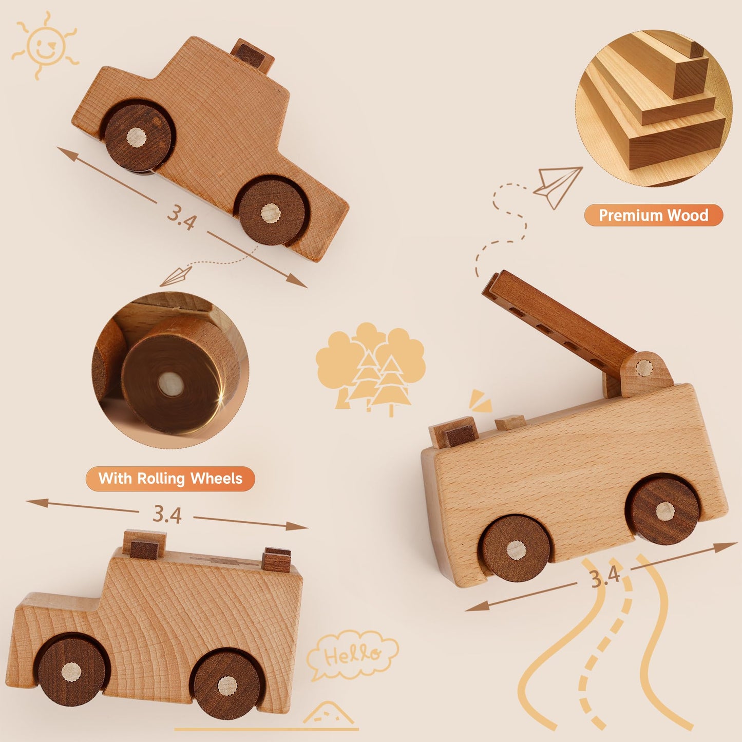 MONT PLEASANT Wooden Emergency Vehicle Toy Set of 3  Toddler Montessori Toys Ambulance Fire Truck Police Car Toys with Rolling Wheels  Kid Wooden Toy Vehicle Learning Educational Gift for Boys & Girls