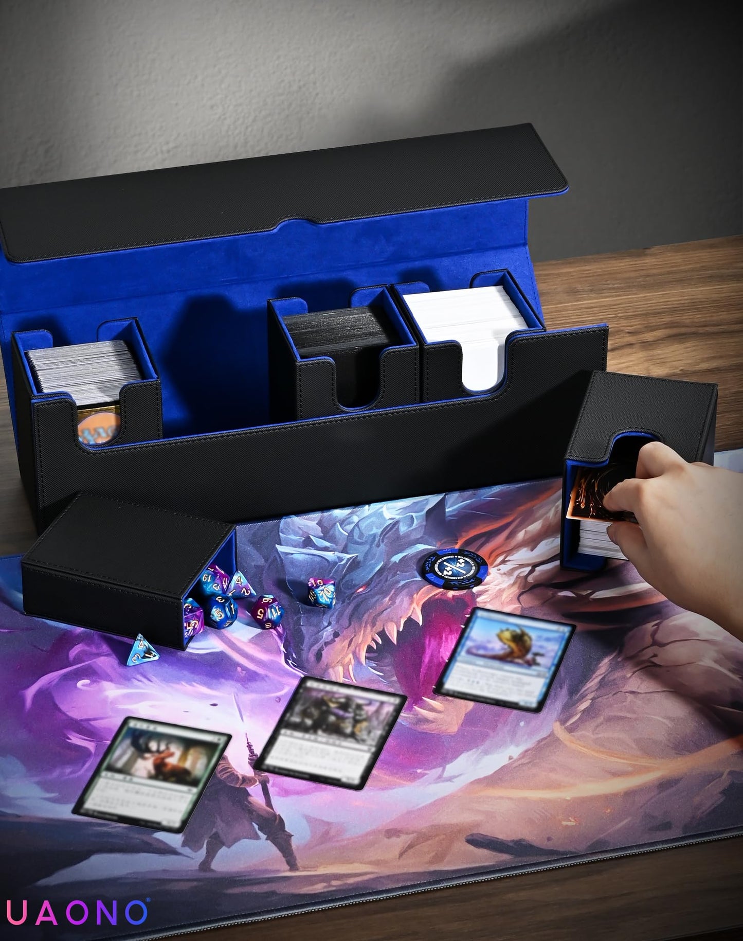 Uaono Card Deck Box With Dice Tray For Mtg, 5 In 1 Card Deck Case Holds 800+ Unsleeved Cards, Strong Magnet Card Organizer Compatible With Yugioh Tcg Sports Cards (Black Blue)