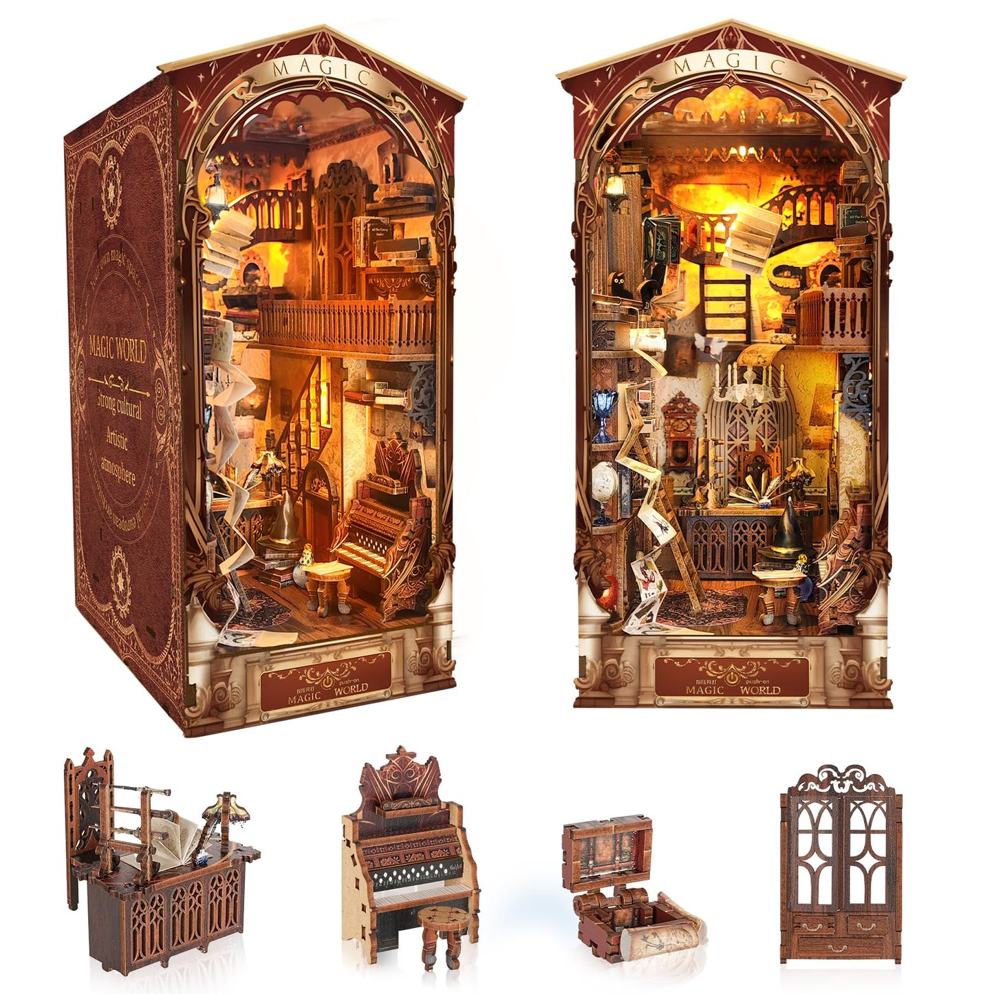 Itefdtutne Book Nook Kit For Adults, Diy Miniature Dollhouse Booknook Kit With Led Light & Dust Baffle, 3D Wooden Bookshelf Puzz