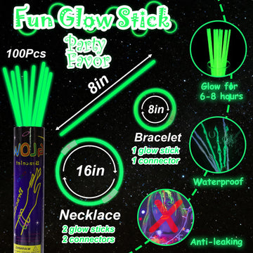 100 pk 8 Glow Sticks Bulk Party Favors, Light up Glow Necklaces & Bracelets in the Dark Party Supplies For Christmas Halloween S