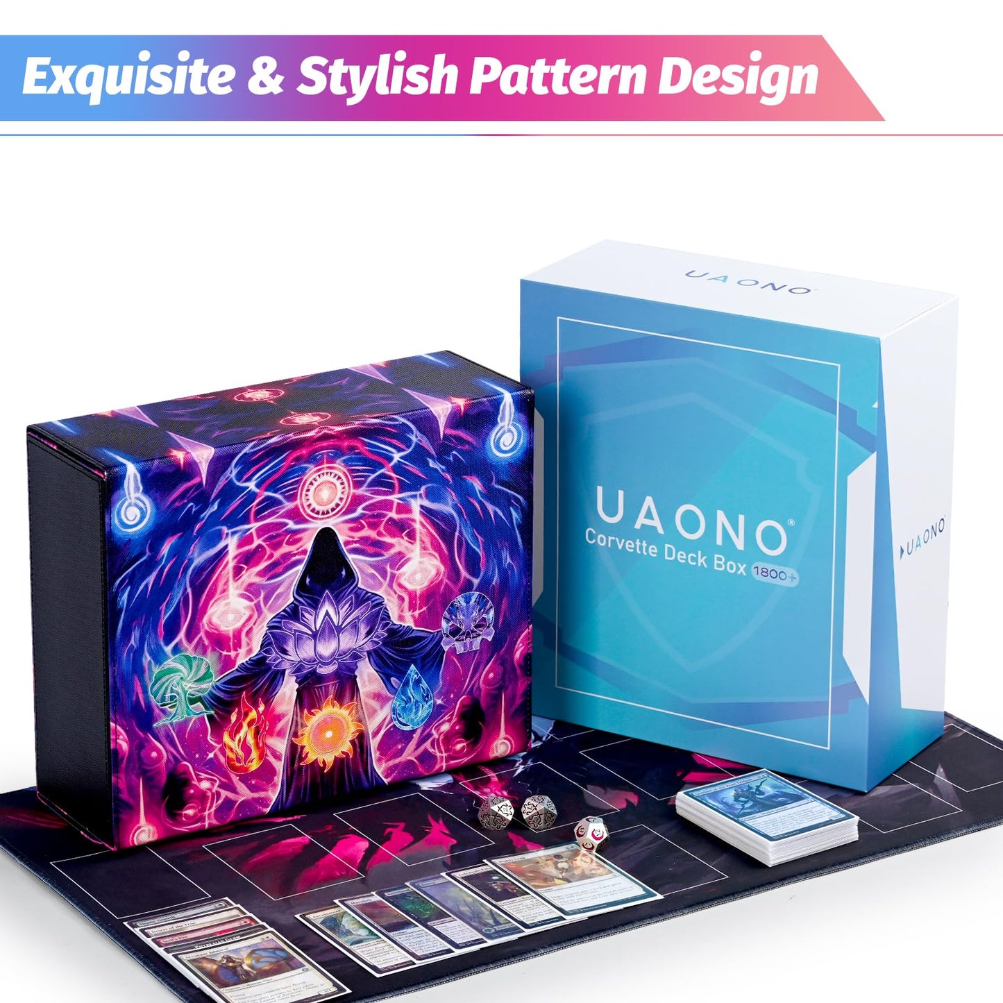 Uaono Card Storage Box For Mtg, Trading Card Deck Box Holds 1800+ With 6 Dividers, Leather Printing Magnetic Closure Card Storage Case Fits Tcg Ccg Sports Cards (Black, Mage)