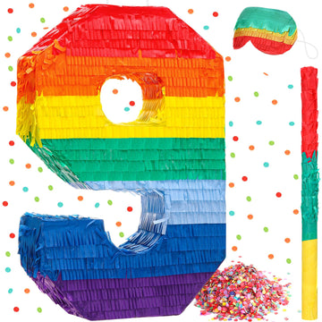 Rainbow Number Piñata Multicolor Number Piñata Small Kids Birthday Party Piñata With Blindfold Stick And Confetti Small Piñata For Birthday Anniversary Cinco De Mayo Fiesta Party Decor(Number 9)