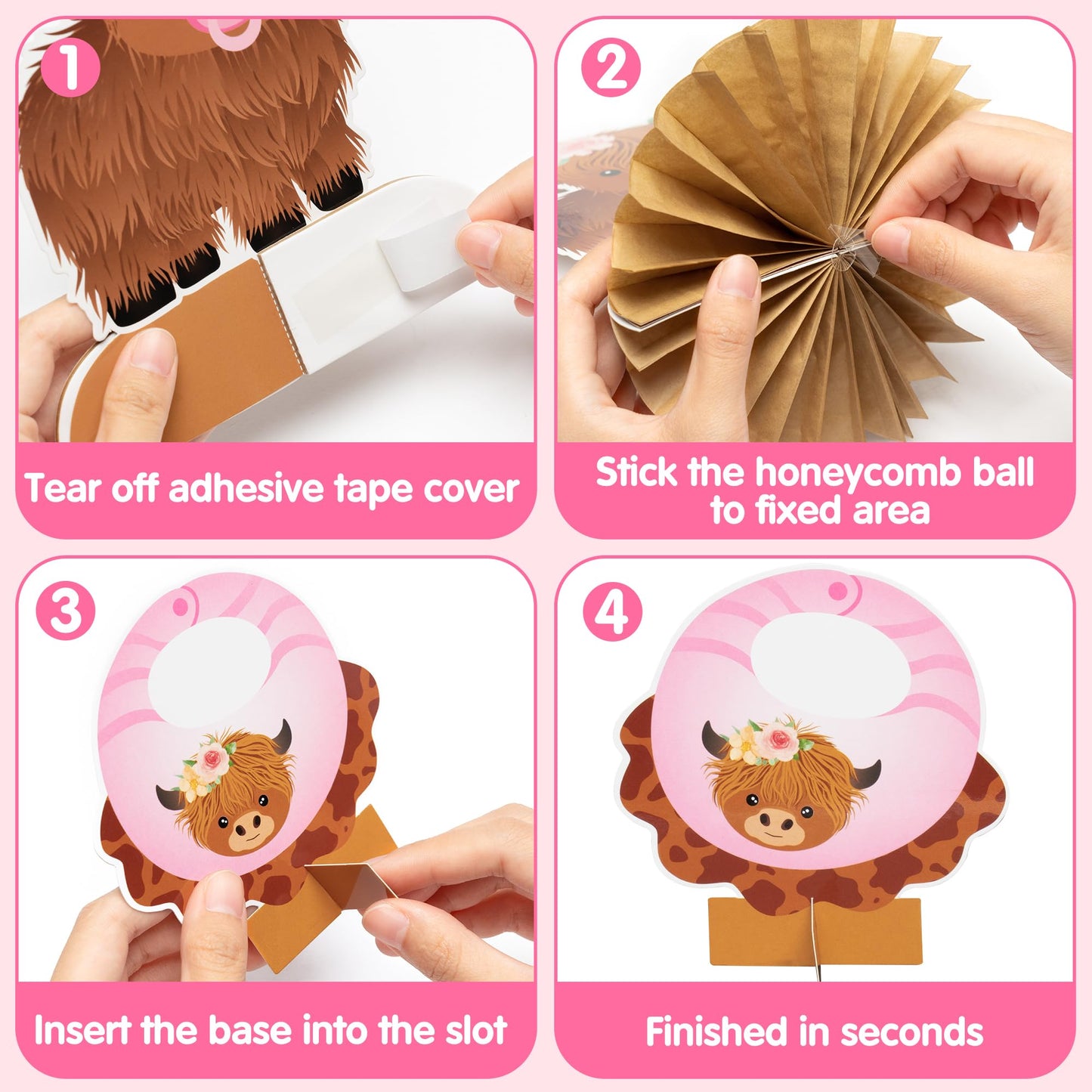 12Pcs Pink Highland Cow Honeycomb Centerpieces Floral Highland Cattle Baby Shower Party Table Decoration Its a Girl Gender Reve