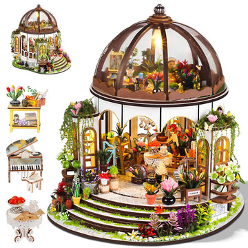 Ourmiao Miniature House Kit Hanging Garden, Diy Miniature Dollhouse Kit For Adults With Furniture & Led Lights, Wooden Craft Gif