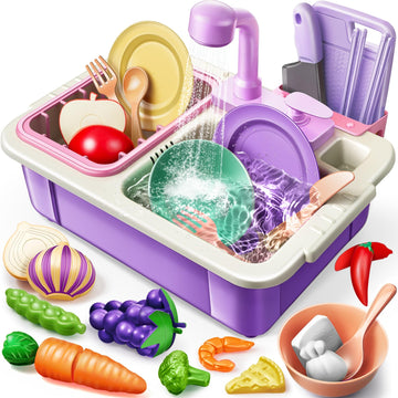 Geyiie Kitchen Sink Toy for Toddlers, Play Sink with Running Water, Upgraded Real Faucet, Dish Rack & Play Cutting Food, Kids Ki