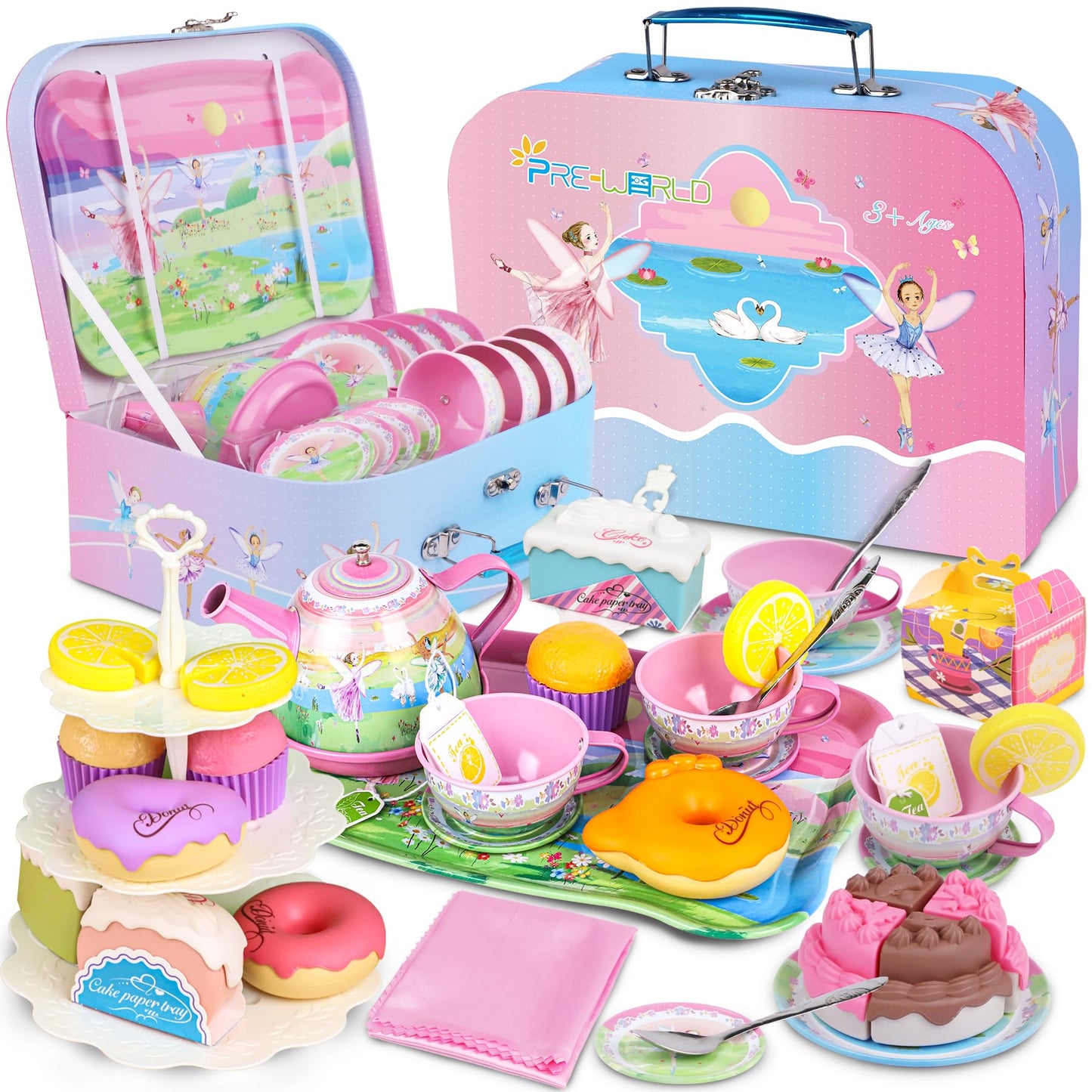 Tea Set for Little Girls,PRE-WORLD 50PCS Princess Tea Party Time Toy Including Dessert,Cookies,Doughnut,Teapot Tray Cake, Tablec