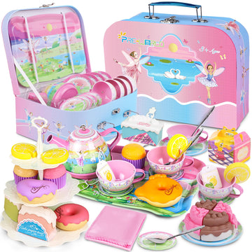Tea Set for Little Girls,PRE-WORLD 50PCS Princess Tea Party Time Toy Including Dessert,Cookies,Doughnut,Teapot Tray Cake, Tablec