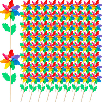40 Pcs Rainbow Flower Pinwheels 9.84 Inch Plastic Colorful Windmills Garden Pinwheels Flower Wind Spinners With Wood Sticks For