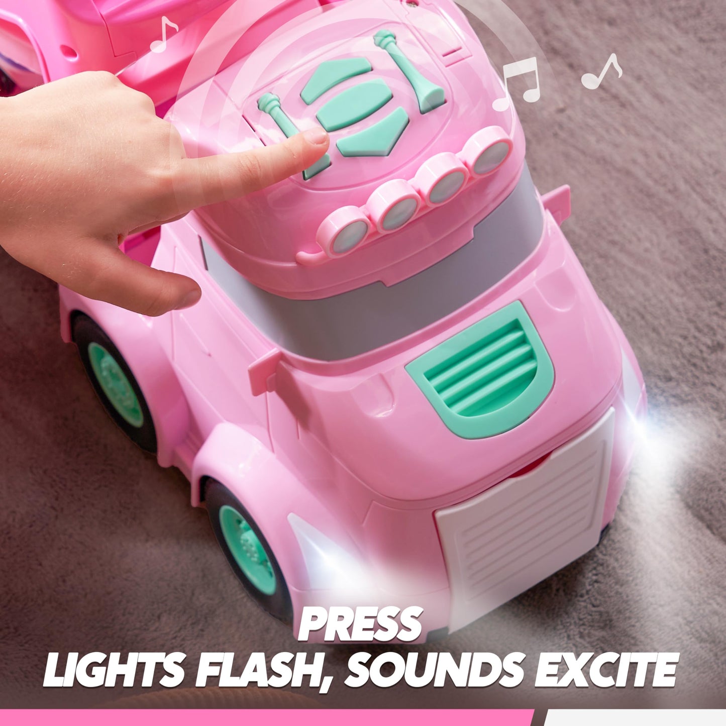 VROOMIX 3-Layer Extra Large Princess Pink Truck Toys for Girls, 7-in-1 Big Transport Vehicle Carrier Truck with Directional Trac