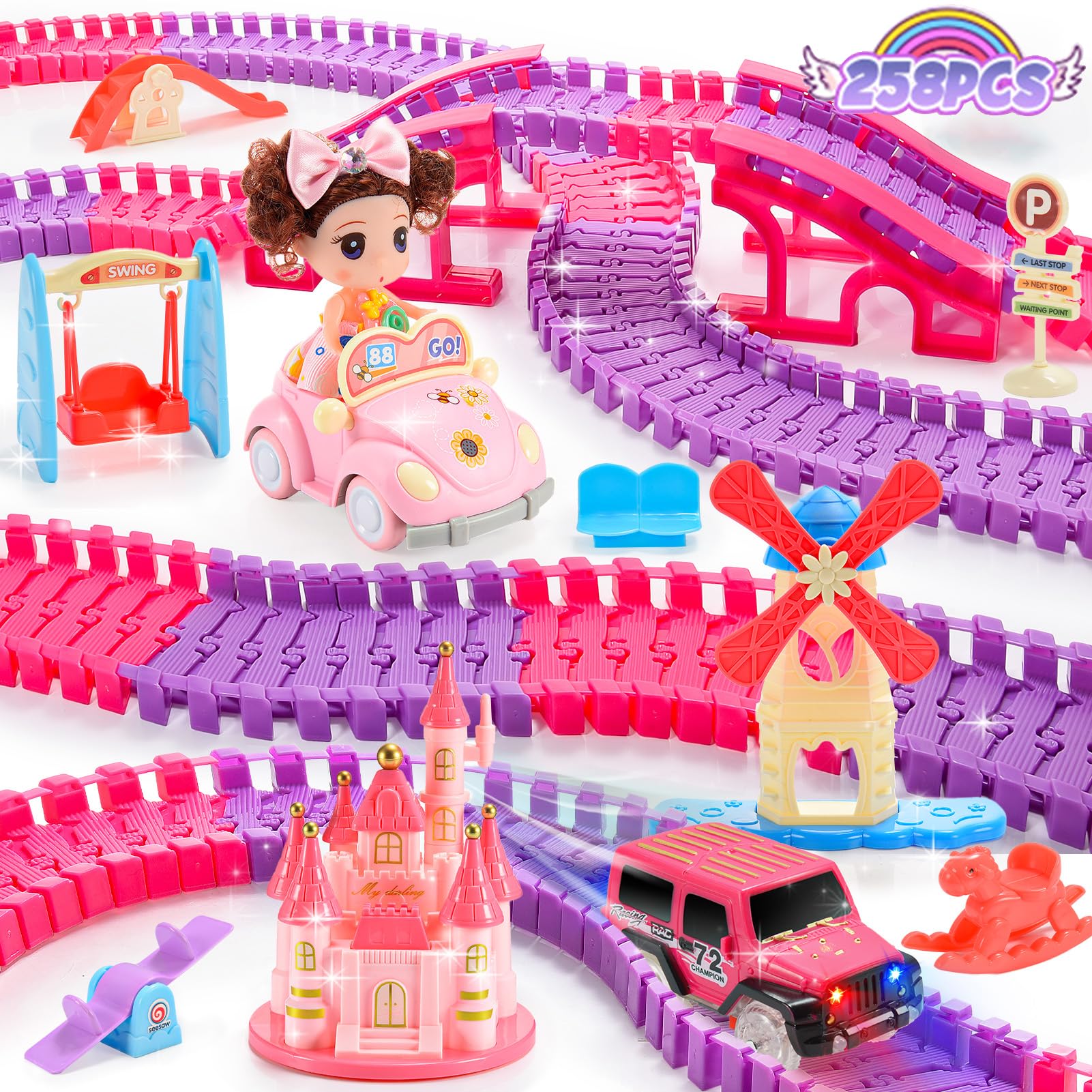 WethCorp Princess Toys: 258pcs Toys for 3 4 5 6 Year Old Girls Kids Car Track Toy Set with Doll Caslte Barbi Car 4 Year Old Girl