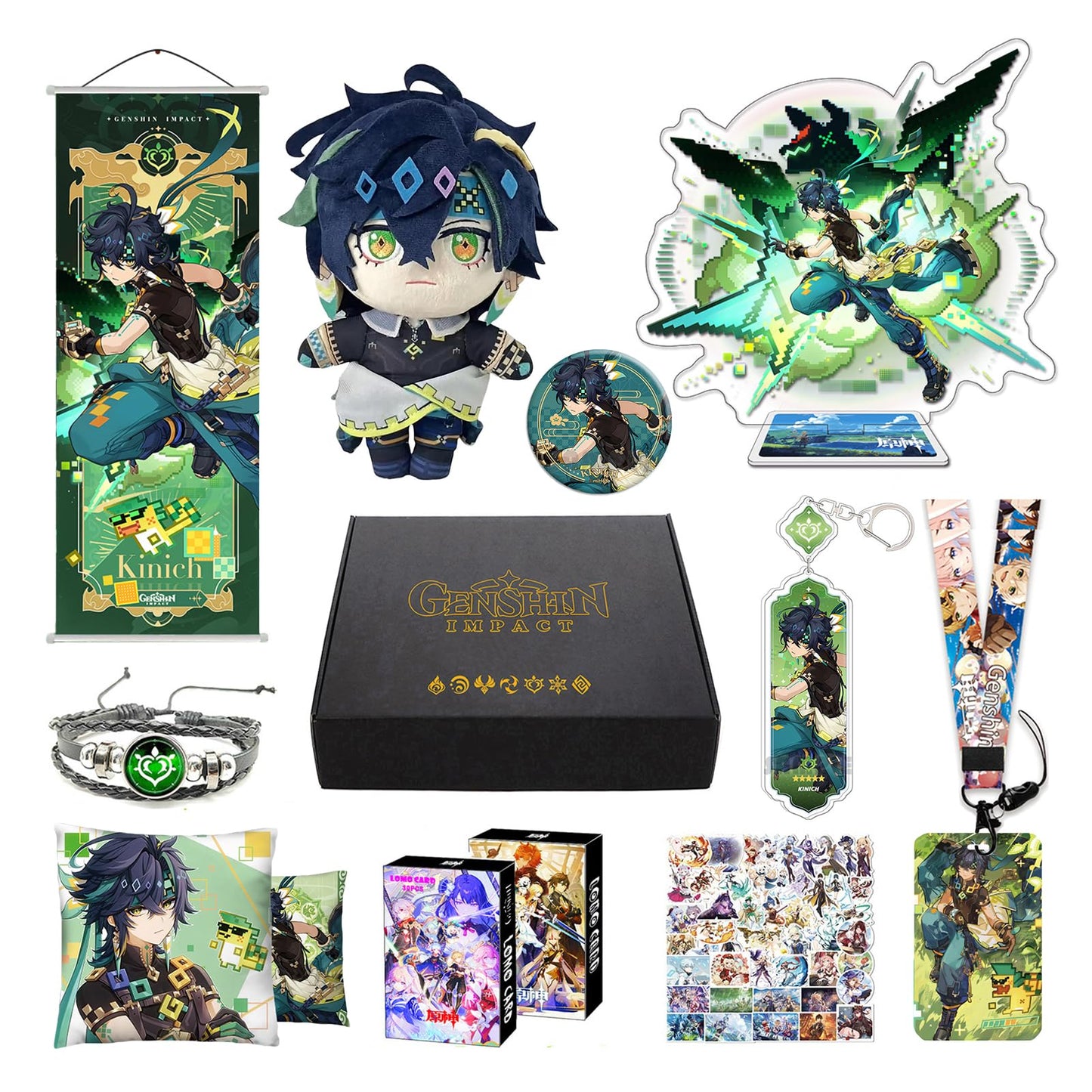 Motao Genshin Impact Box Kinich Merch Set - Plush Doll, Poster, Pillowcase, Stand Figure, Bracelet, Badge, Keychain, Card Holder