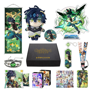 Motao Genshin Impact Box Kinich Merch Set - Plush Doll, Poster, Pillowcase, Stand Figure, Bracelet, Badge, Keychain, Card Holder