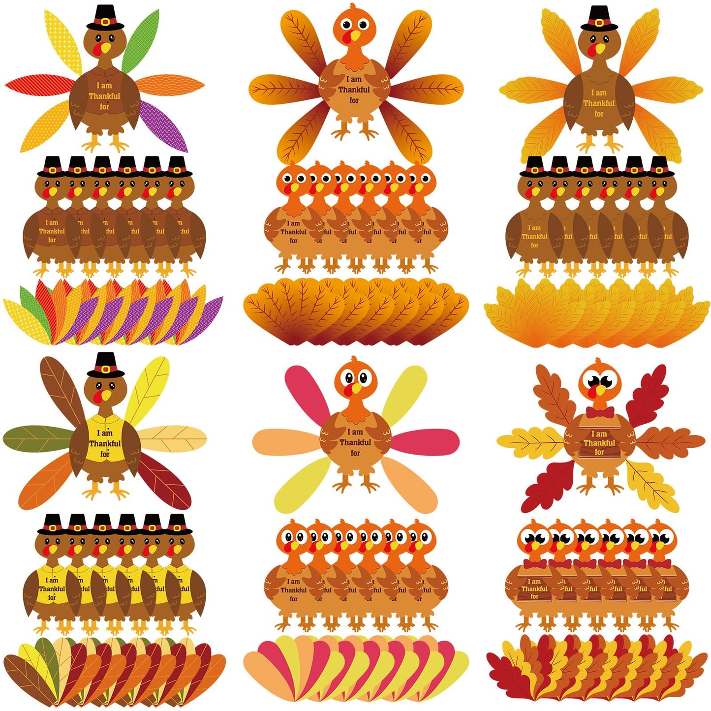 AmazingSpark 36 Sets 252 Pcs Thanksgiving Turkey Craft Kit Thanksgiving Crafts Turkey Paper Card Thankful Cards Decor with Glue 