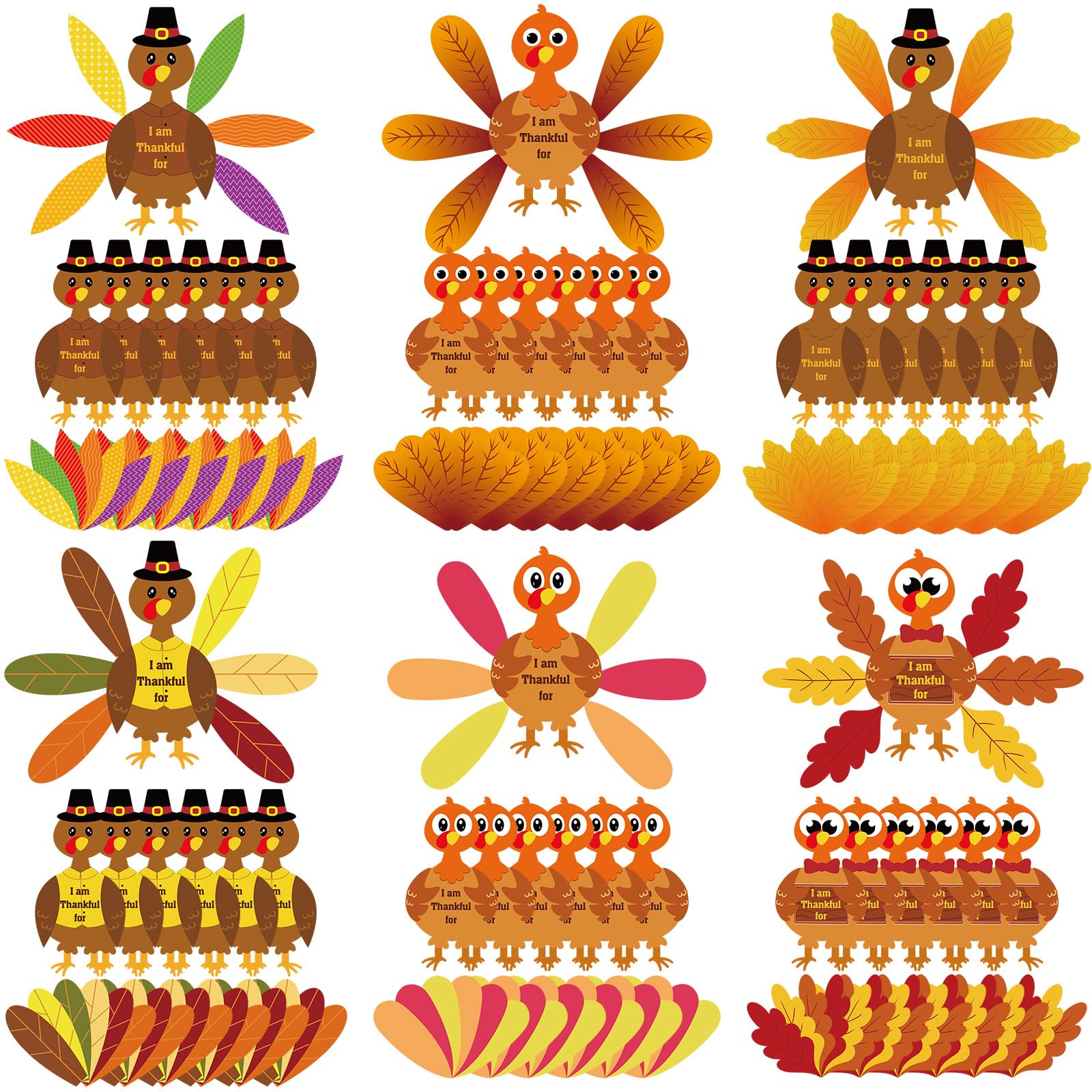 AmazingSpark 36 Sets 252 Pcs Thanksgiving Turkey Craft Kit Thanksgiving Crafts Turkey Paper Card Thankful Cards Decor with Glue 