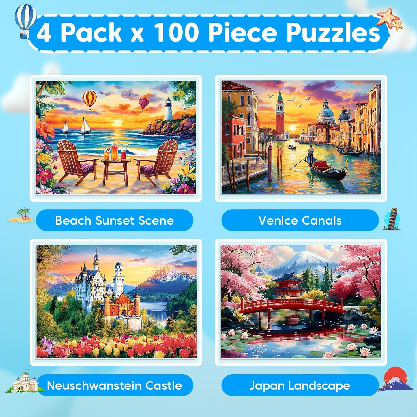 Ciavotie 100 Piece Puzzle World Famous Landscapes Jigsaw Puzzles Large Piece Puzzles for mature-themed Seniors Kids Puzzles for Kids Ages 4-6 6-8 Learning Educational Toys Gifts for Girls Boys 4 Packs