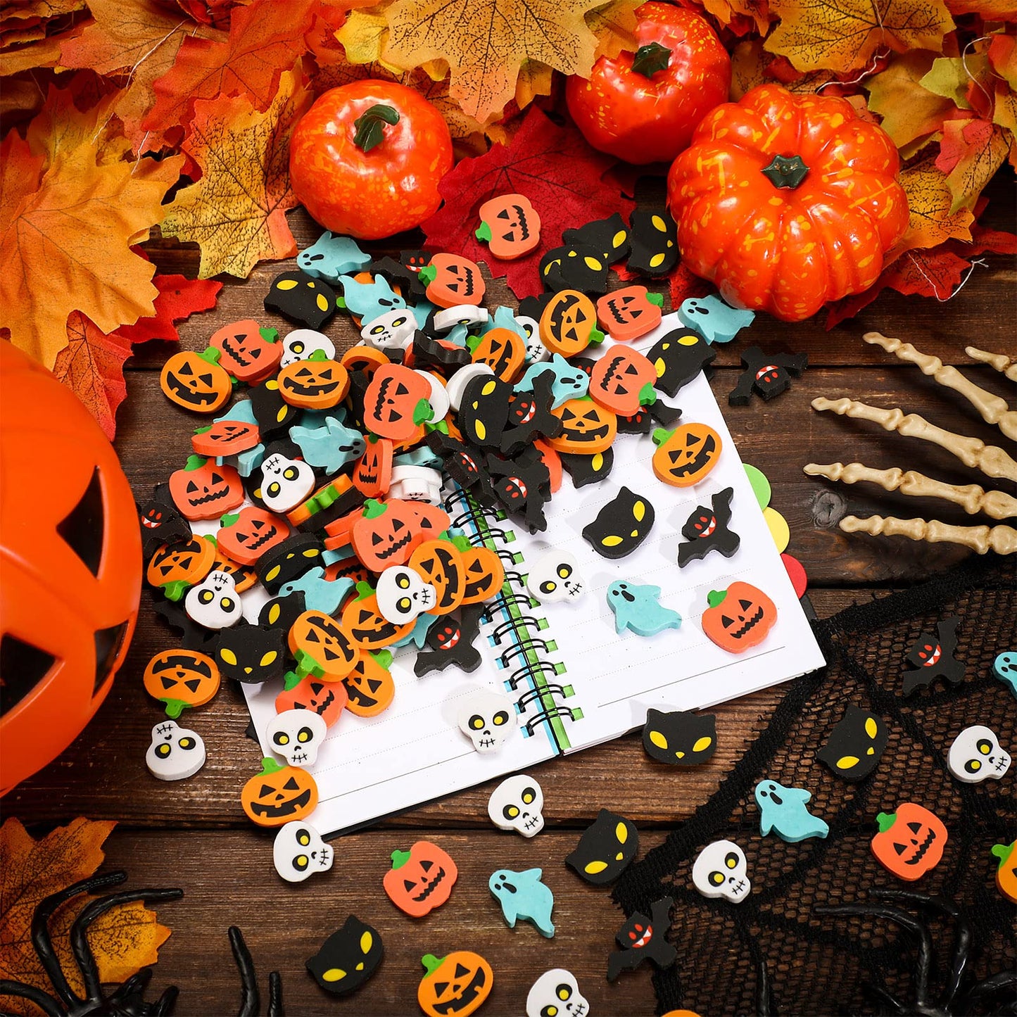 Tenare 150 Pcs Halloween Mini Erasers Mini Eraser Assortment Pumpkin Ghost Bat Mini Erasers for Trick or Treat Halloween Party F