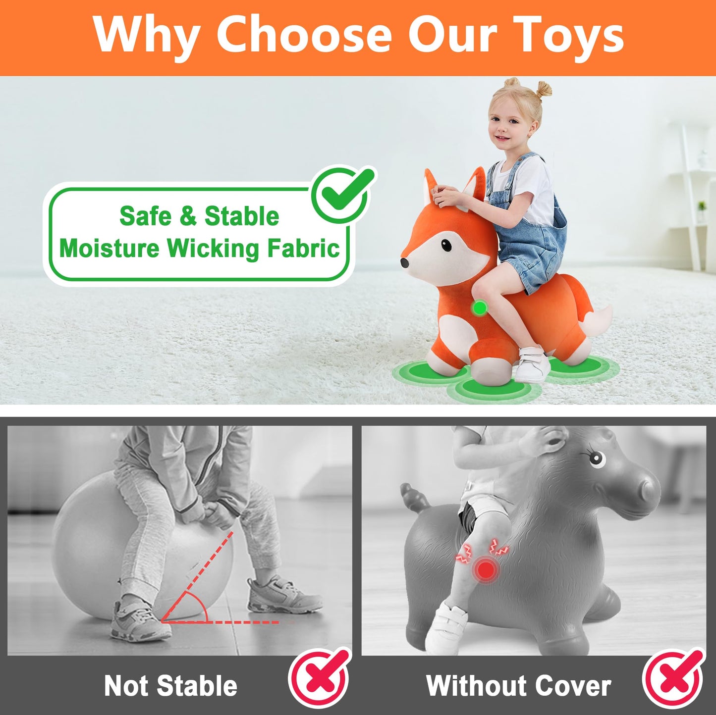Iplay, Ilearn Bouncy Pals Fox Hopping Horse, Plush Inflatable Animal Hopper, Indoor N Outdoor Ride On Jumping Bounce Toys, Birthday Gift For 18 Months 2 3 4 5 Year Old Kids Toddlers Boys Girls
