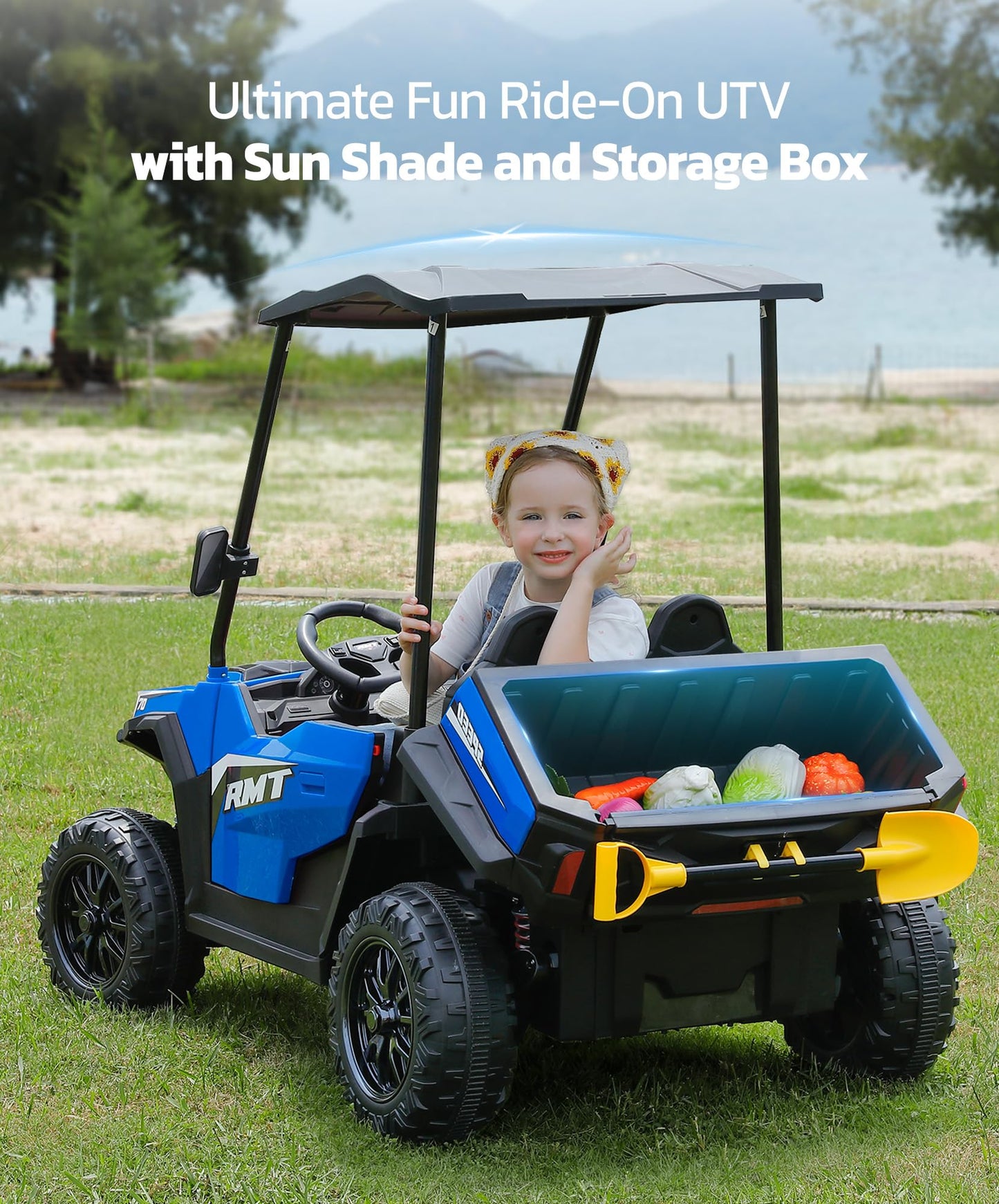 Elemara 24V 10Ah Multifunctional Ride On Car With Dump Bed, Shovel, And Sun Shade, Large Electric Car 2 Seater, Side By Side Bat