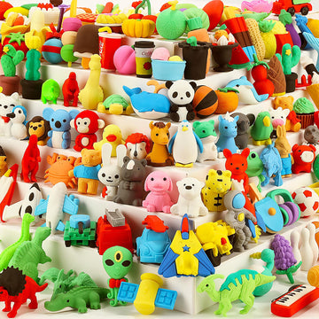 Urskytous 130Pcs Animal Erasers Kids Pencil Erasers Desk Pets Puzzle Erasers Bulk Mini Animal Food Erasers Toys Eraser Prizes Fo