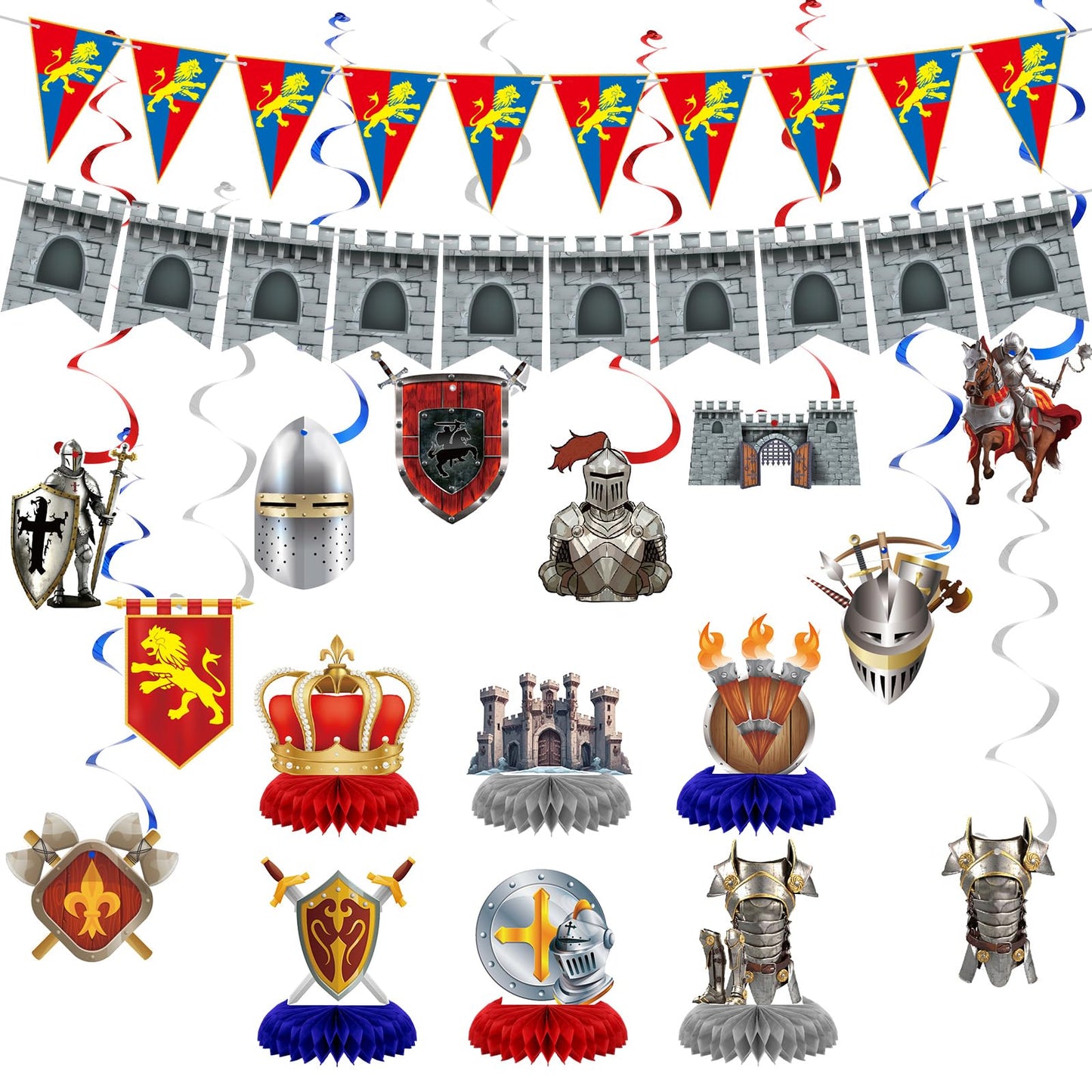 Janlaugh 18 Pcs Medieval Knight Birthday Party Decorations Castle Table Topper Medieval Whirls Hanging Banner Decorations Stone 