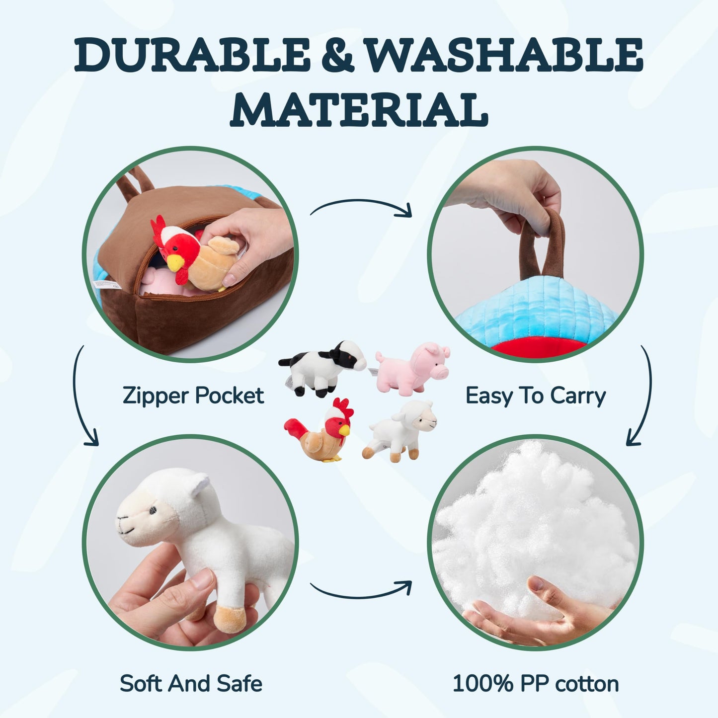 PixieCrush Plush Barn with Farm Animals - Set of 5 - Soft Textiles - Includes 4 Stuffed Farm Animals - Sheep Pig Cow Chicken - F