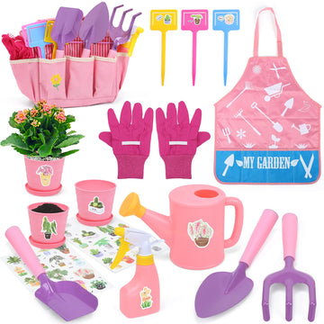 Cute Stone Kids Gardening Set, Garden Toys With Metal Kids Rake, Shovel, Trowel, Watering Can, Gloves, Tote Bag, Gardening Kit F