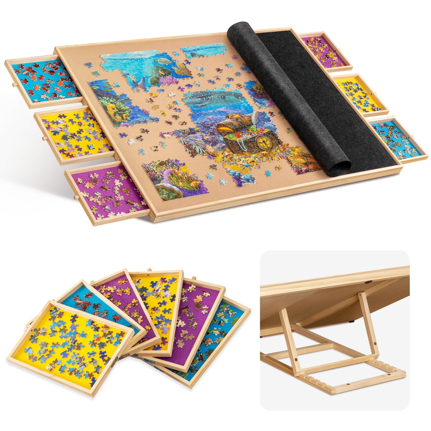 Becko US Jigsaw Puzzle Board with 6 Drawers, 2000 Pieces, Pinewood & MDF, Adjustable Angles, Flannel Top, Model PTZ042