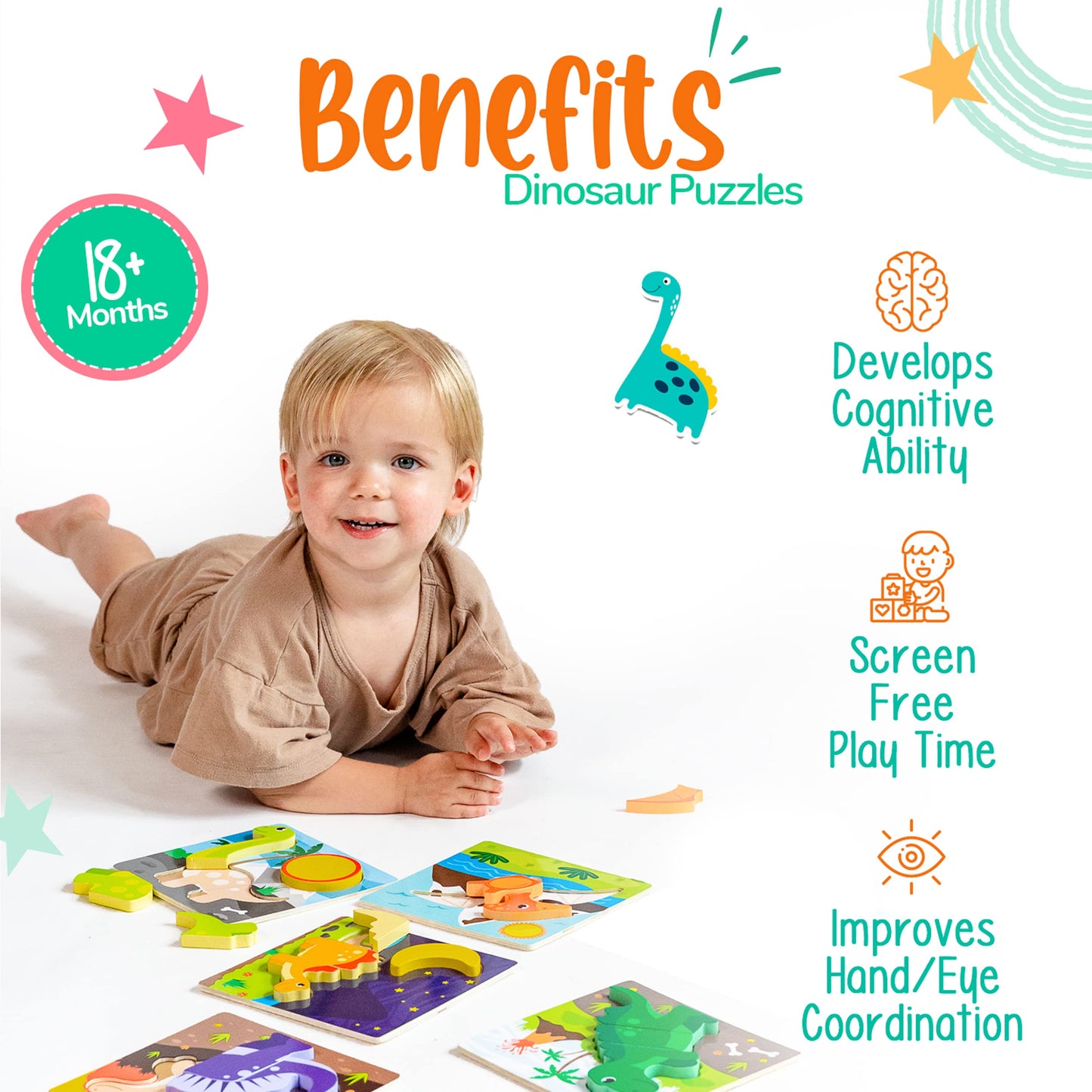 Klevly 6 Pk Dinosaur Wooden Toddler Puzzles Ages 2-4 | Wooden Puzzles For Toddlers 1-3 | Montessori Toys For 2 Year Old | Learni