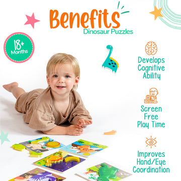 Klevly 6 Pk Dinosaur Wooden Toddler Puzzles Ages 2-4 | Wooden Puzzles For Toddlers 1-3 | Montessori Toys For 2 Year Old | Learni