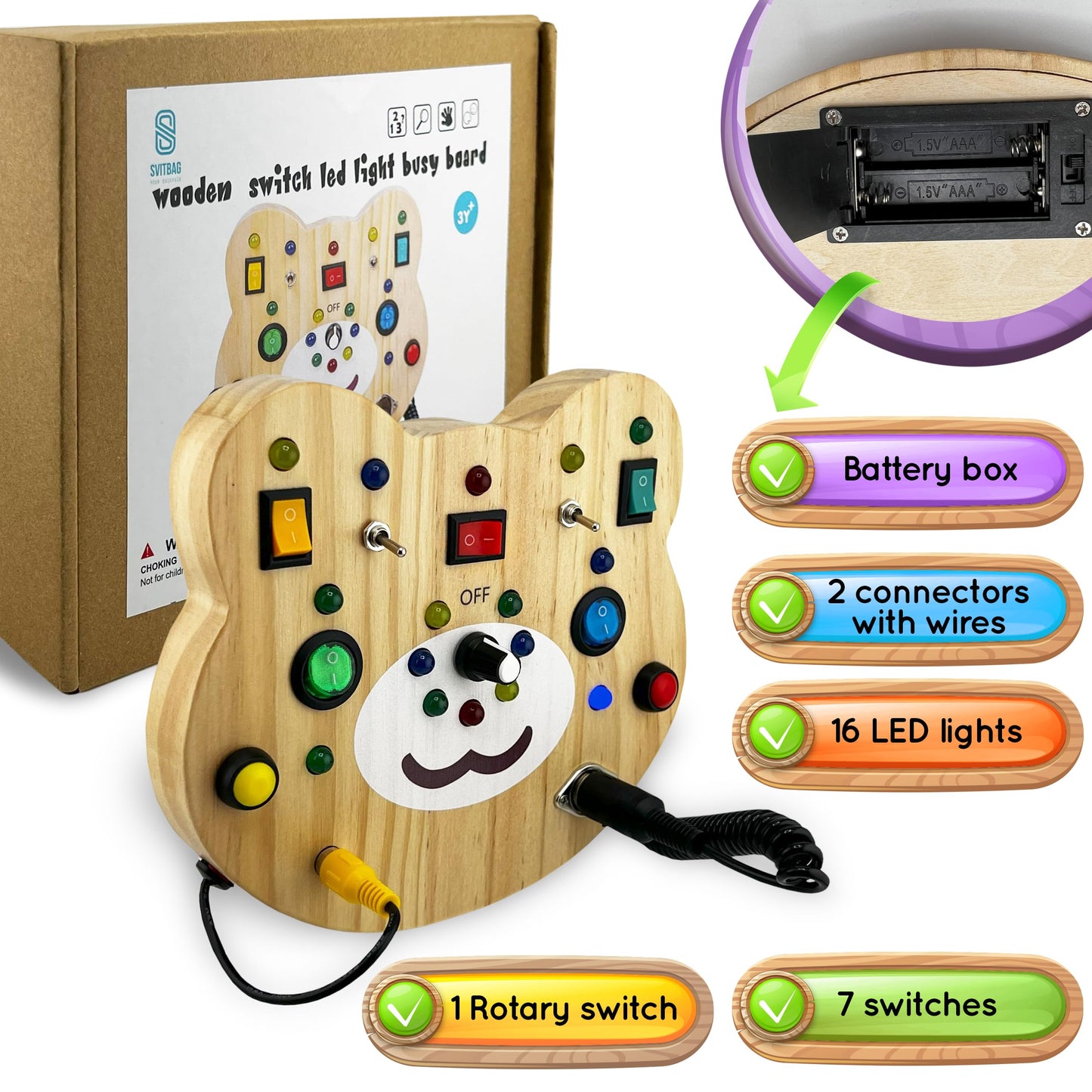 Toddler Montessori Busy Board - Wooden Educational Toy with Lights  Switches  and Buttons - Sensory Board - Preschool Motor Skills Learning Activities - Christmas & Birthday Gift