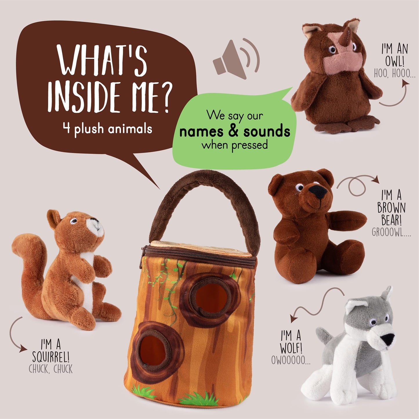 My Talking Plush Forest Animals Toy Set | Includes 4 Soft And Fluffy A Tree Shaped Carrier Great Gift For Baby Toddler Boys Or G