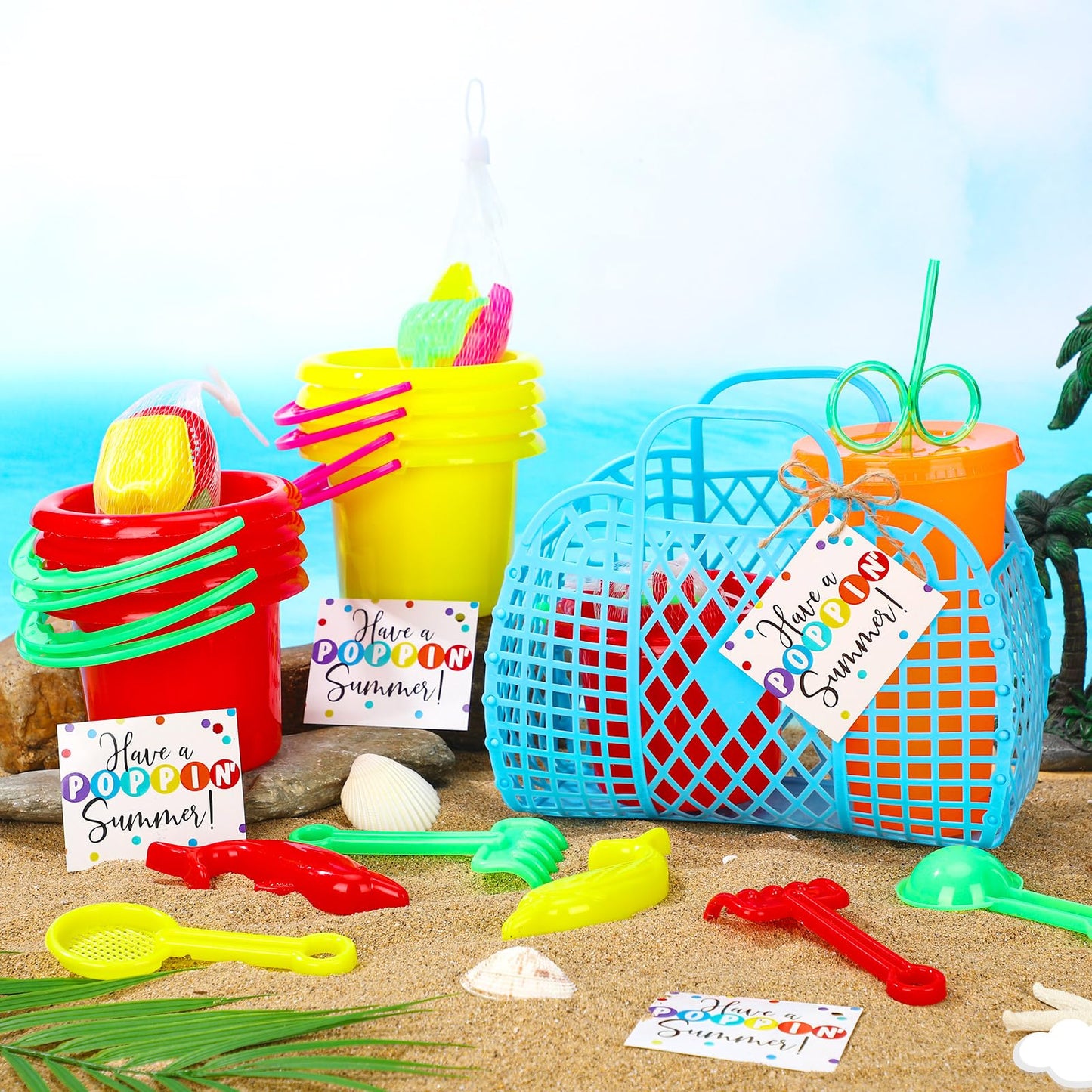 Simgoing Summer Beach Party Favors for Kids Bulk 73 Pcs Pool Gifts Include Sand Beach Buckets Baskets Cups Straws for Kindergart