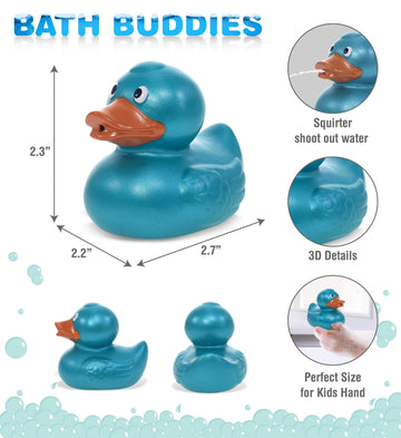 DolliBu Metallic Blue Duck Bath Buddy Squirter - Floating Blue Duck Rubber Bath Toy  Fun Water Squirting Bath Time Play for Toddlers  Animal Toy for Bathtub  Beach  and Pool for Girls and Boys