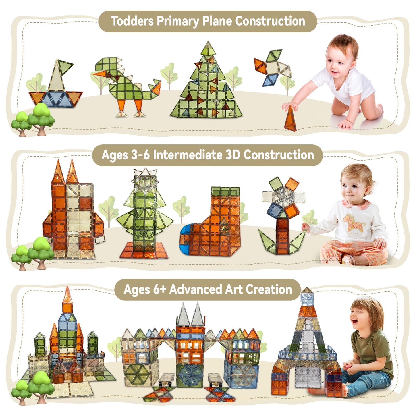 UREC Magnetic Tiles, 100PCS Magnetic Blocks for Kids, 3D Diamond Magnet Tiles Building Blocks for Toddlers, Construction STEM Ma