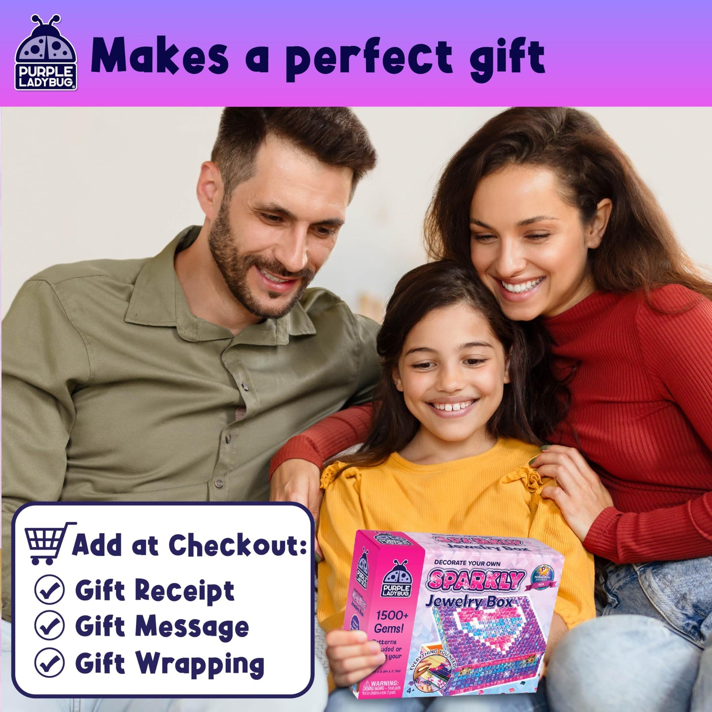 PURPLE LADYBUG Sparkly Jewelry Box Kit with Gems – Arts & Crafts for Kids 8-12, Wooden, Fun Easter & Birthday Gift