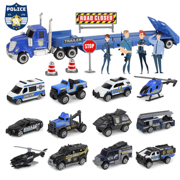 Oriate Die-cast Police Rescue City S.W.A.T. Car Toys Set w/Heavy Duty Trailer & Police Patrol Cartoon Stickers, 12 Packs Mini Po