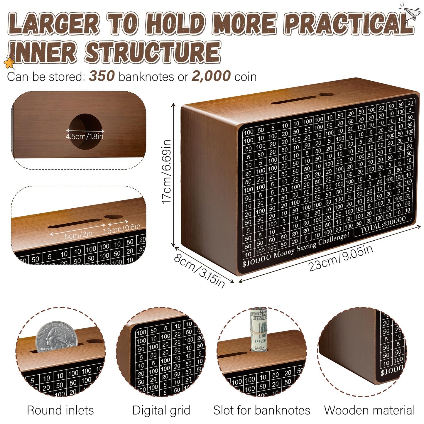 Wooden Money Saving Box  Cash Savings Box for $10000 $5000 $3000 Target Money Saving Challenge  Reusable Money Box with Counter  Cash Vault Bank with Dry Erase Pen/Savings Trackers/Rubber Band-Brown