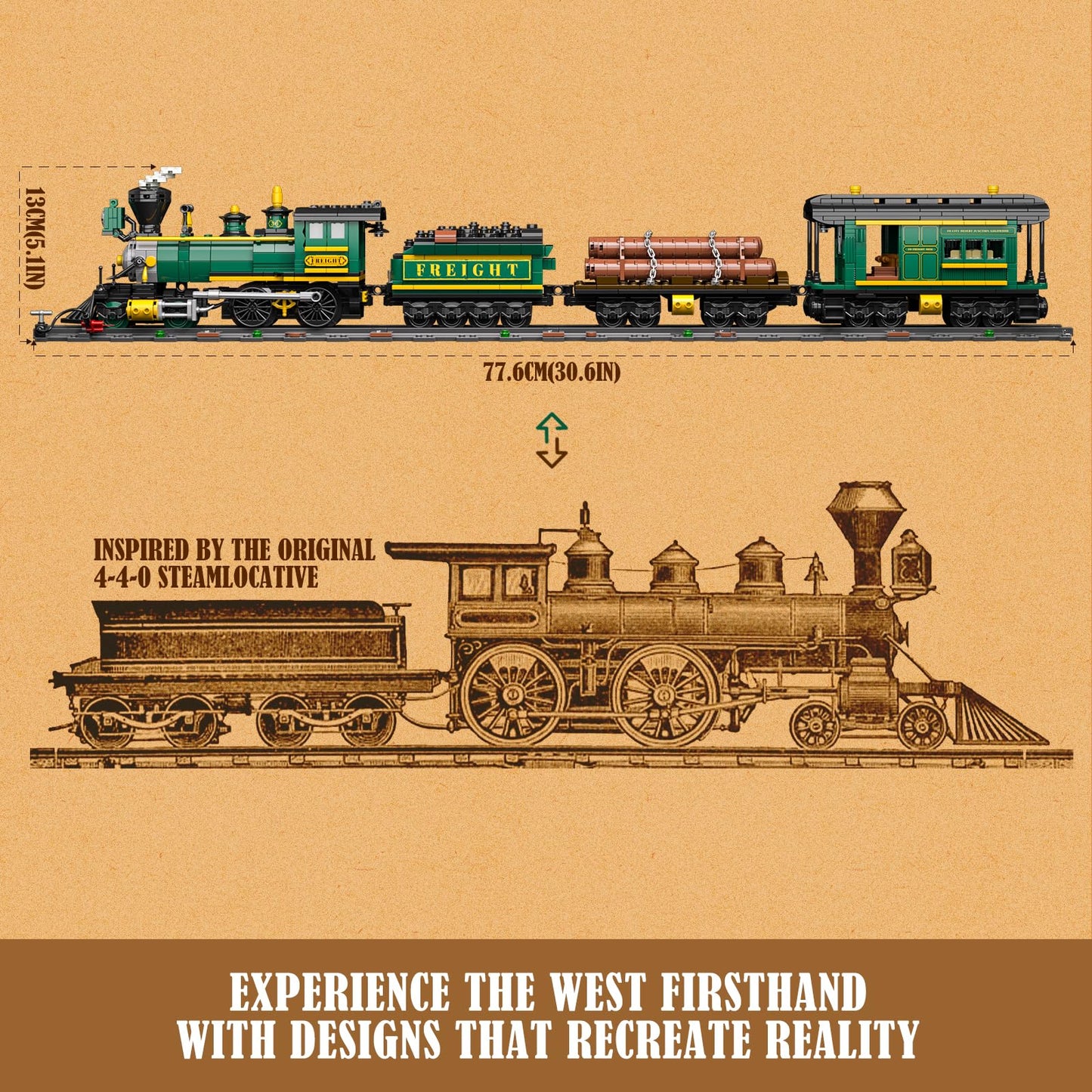 Funwhole Wild West Freight Train Lighting Building-Bricks Set - Classic 4-4-0 Locomotive Model 1524 Pcs Ideas Kit for mature-themed and Teens