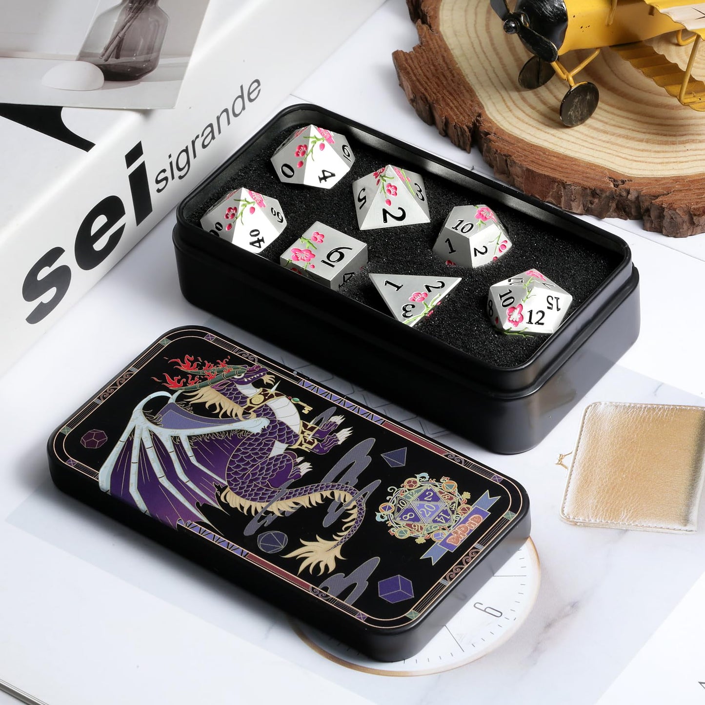 Metal Dungeons and Dragons Dice DNDND 7 PCS Heavy Metallic Flower D&D Dice Set with Grogeous Gift Case for DND Tabletop Game (Ma