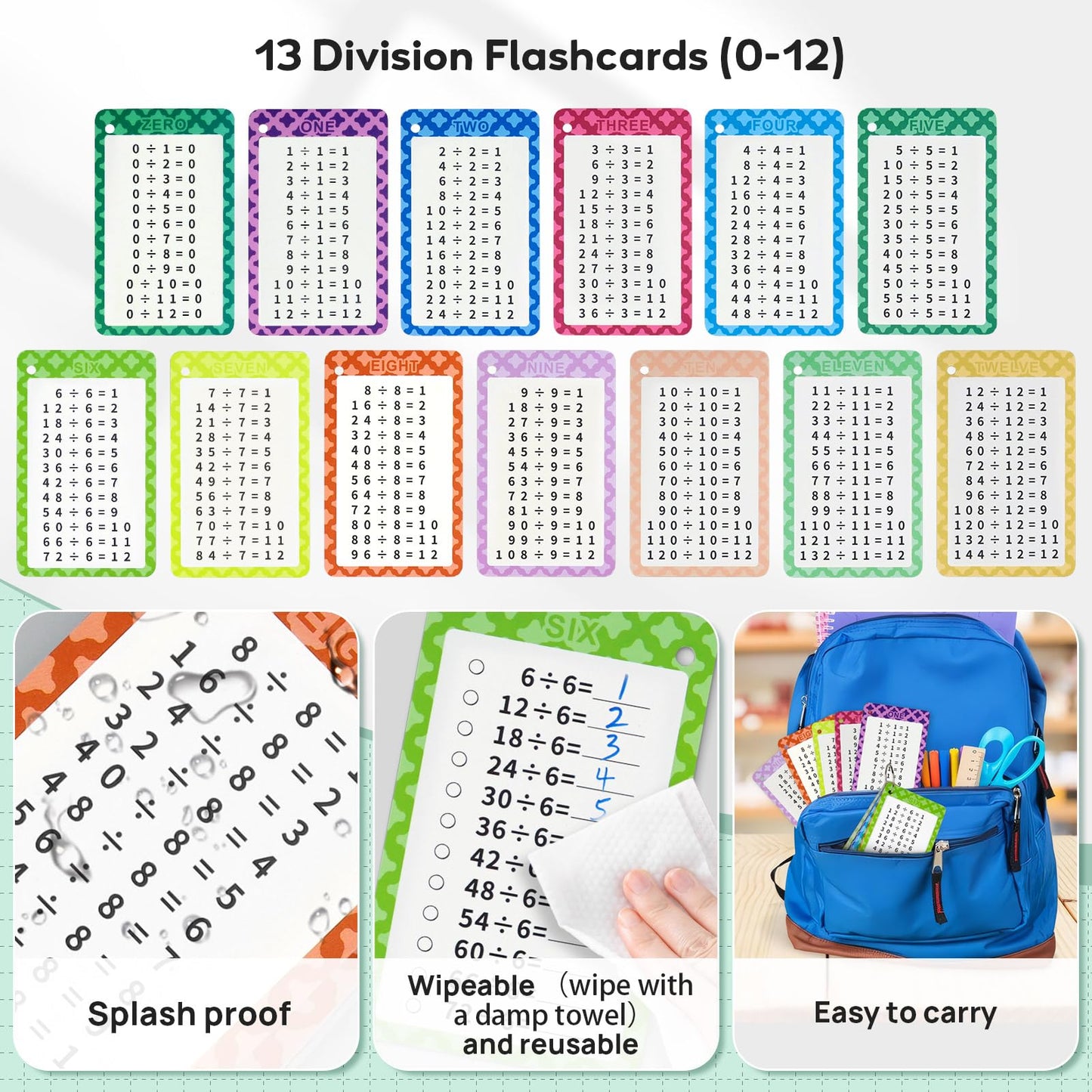 Catephe Division Flashcards 0-12, 13 Pcs Division Chart Math Flashcards, Division Math Game, Times Table Flash Cards With 2 Dry