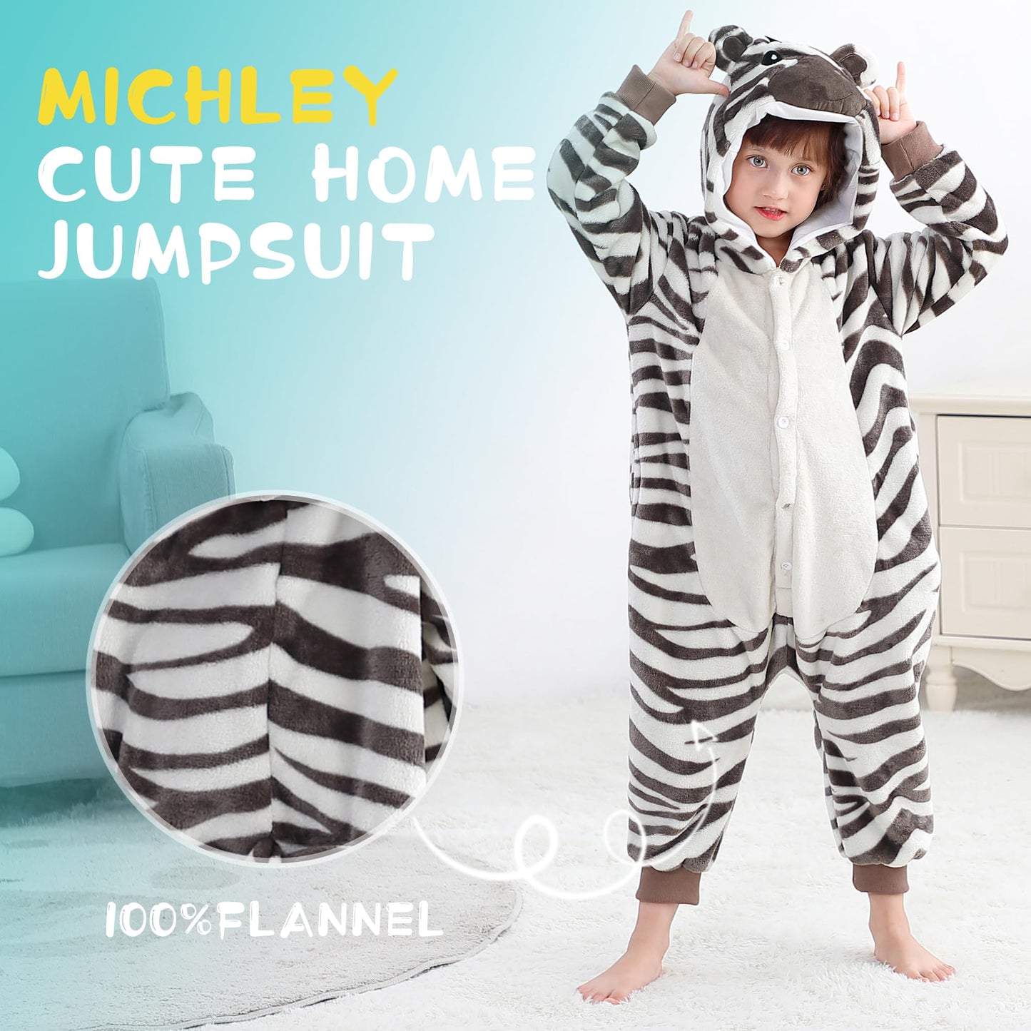Michley Animal Hooded Romper Kids Flannel Halloween Cosplay Pajamas Costume 3-12T For Autumn Winter, Zebra, 9-10T, Size130