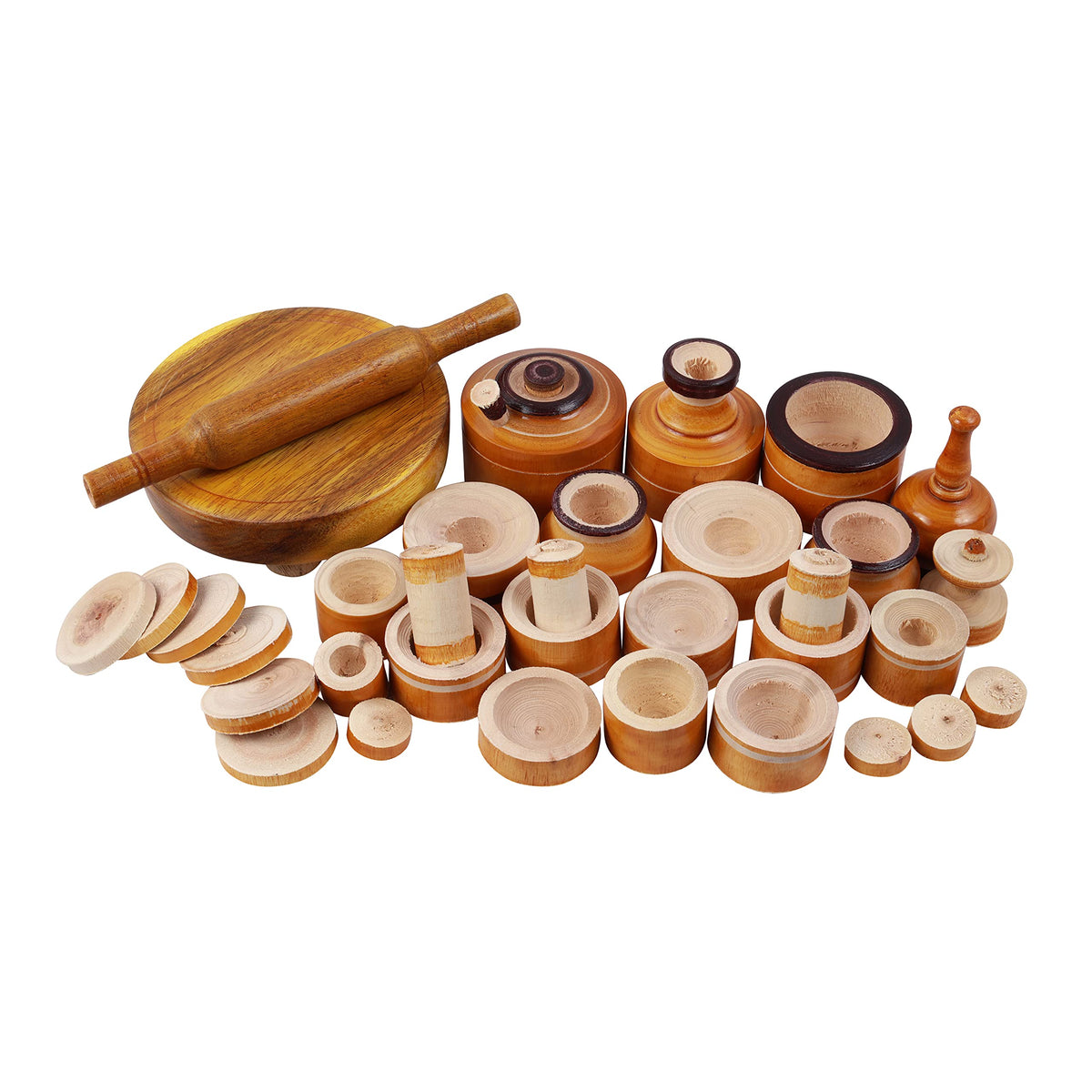 Paljji Handicrafts Eco Friendly Wooden Rural Kitchen Toy| Set for Kids Pack of 32 Yellow Color | Chakla Belan Toy