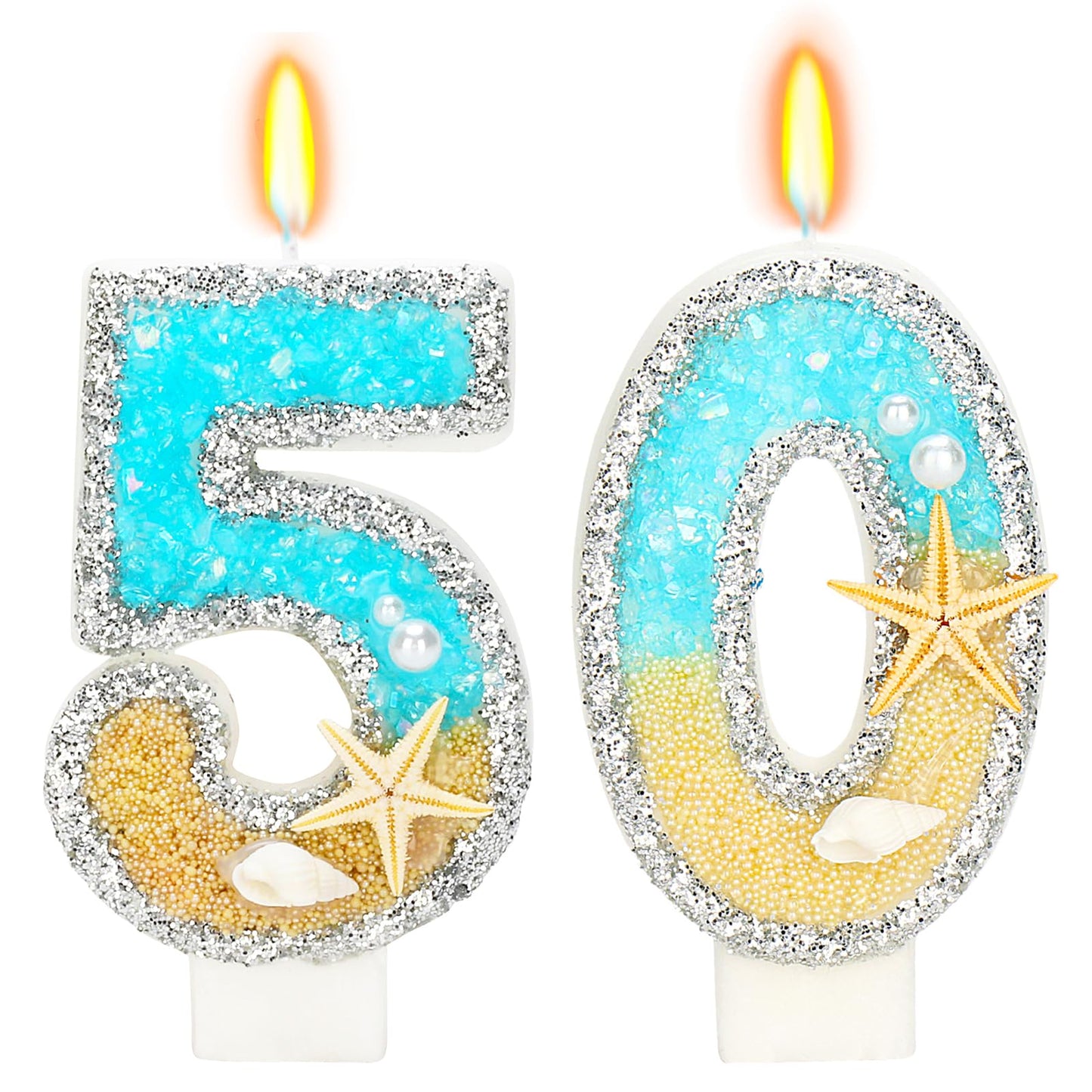 ElekFX 50th Birthday Candle for Cake, Beach Starfish Sequins Number Cake Candles, 2.76 inch Number 50 Happy Birthday Candle, Cak